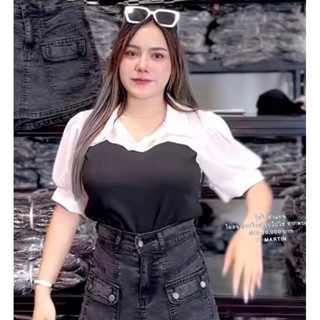 เสื้อทูโทนผ้าร่องแต่งแขนชีฟอง
