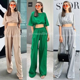 ✨เซทเสื้อครอปแขนสั้น ดีเทลรูดเชือกใต้อกเกร๋ๆ Cropped Waist Cargo Pants Set