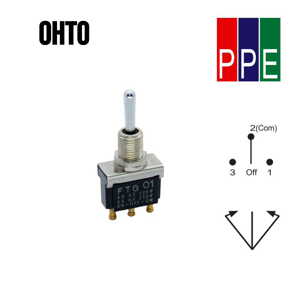 FTG01 [OHTO] สวิตซ์โยก 3 จังหวะ เด้งกลับ Toggle switch ON-OFF-ON (Spring return + Spring return) 3A 250V