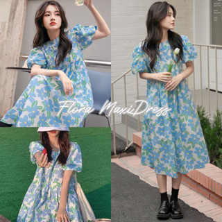 Flora Maxi Dress พร้อมส่ง เดรสคอกลม ลายดอกไม้ โทนสีฟ้า ผ้าคอตตอนผสมโพลีเอสเตอร์ เดรสกระโปรง แขนตุ๊กตา งานป้าย