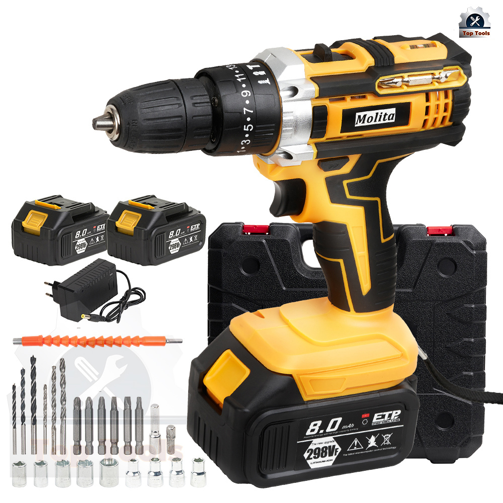MOLITA สว่านไร้สาย สว่าน 298V 3 ระบบ มีระบบกระแทก แบตเตอรี่ 2 ก้อน เครื่องมือช่าง รวม 28ชิ้น รองรับงานหนัก รุ่นสีเหลือง