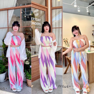 ชุดเซ็ตเกาะอกลายน้องสามเหลี่ยม ผ้าอัดพลีท สีสันสดใส ไซส์ใหญ่ plussize