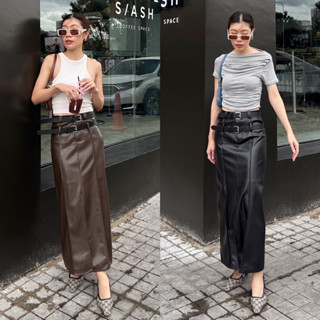 Nudeaholic 💚 9661 Maxi Leathers Skirt Double Belts  กระโปรงหนังเข็มขัด 2 ชั้น ผ่าหน้า ทรงแมกซี่ตรง