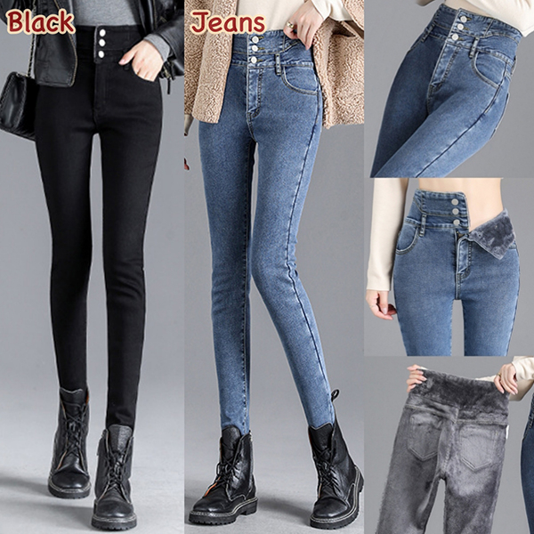 พร้อมส่ง กางเกงยีนส์กันหนาวเอวสูง ทรงสลิม ซับกำมะหยี่ใส่ติดลบได้-12430