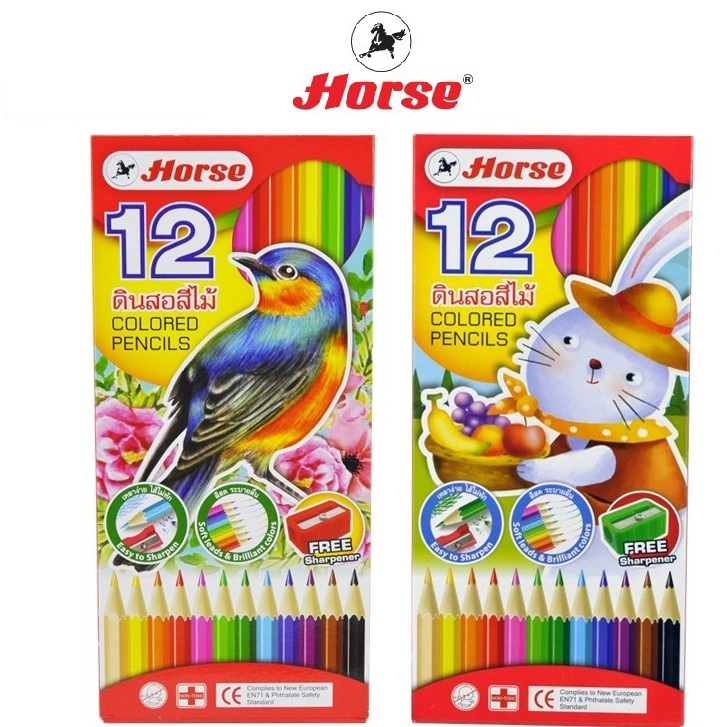 HORSE (ตราม้า) ดินสอสี สีไม้ ยาว12สี ตราม้า + กบเหลา H-2080 กล่องแดง จำนวน 1 กล่อง