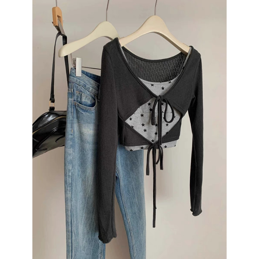 Cicishop(D189)Double Tops เสื้อสายเดี่ยว+เสื้อคลุมครอปผูกเชือก ใส่แมตช์เปรี้ยวแซ่บสุดๆ
