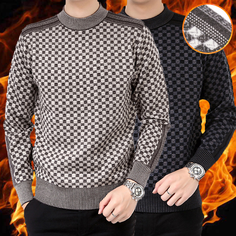 เสื้อสเวตเตอร์ของผู้ชายวัยกลางคน ถักลายสก๊อต สไตล์ลำลองหลวมๆ คุณภาพสูง คอกลม แขนยาว ผ้าฝ้ายผสม plus size 3XL
