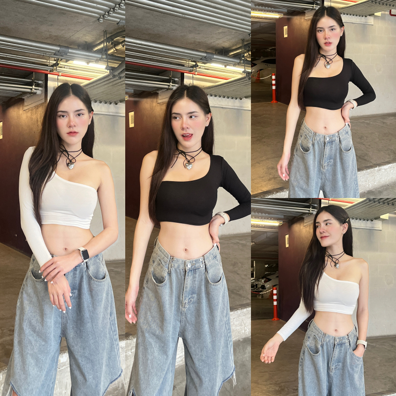 SpinnyHouse เสื้อครอป แขนเบี่ยงไหล่ ผ้าเรย่อน ทรงรัดรูป ผ้ายืดตามตัว นางแบบใส่งานจริง รุ่น เบี่ยงไหล่ยาว