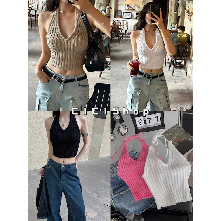 Cicishop(M1139)เสื้อคล้องคอไหมพรมสีพื้น ทรงสวย ใส่แล้วเข้ารูป สายฝอควรมี ปังมาก
