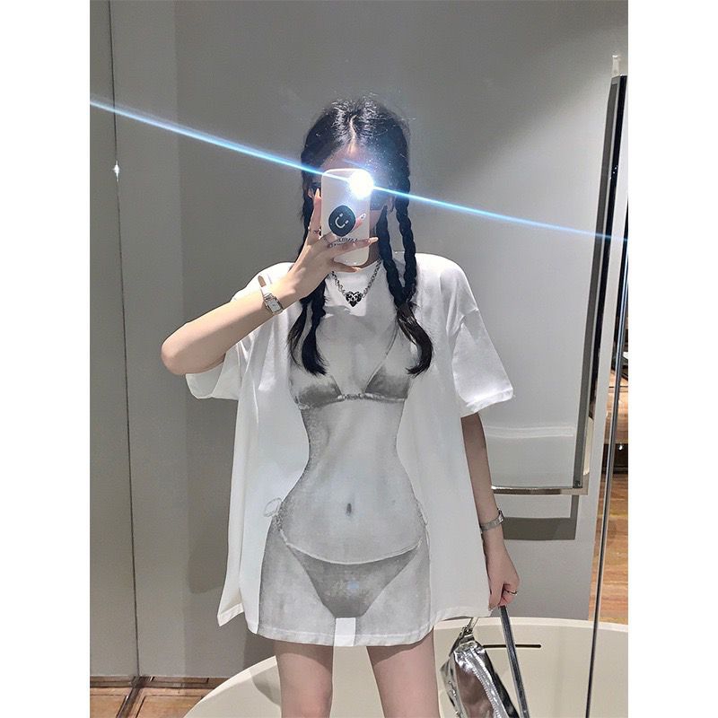 พร้อมส่ง เสื้อยืดคอกลมแขนสั้นลายบิกินี่สุดเซ็กซี่ผ้าโพลีเอสเตอร์ เนื้อดีใส่สบาย