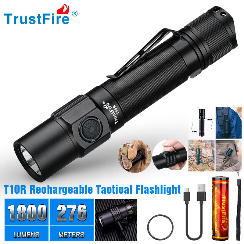 ไฟฉายแรงสูง Trustfire T10R ยุทธวิธีไฟฉาย LED 1800 ลูเมนที่มีประสิทธิภาพประเภท C USB ชาร์จ 18650