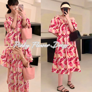 พร้อมส่ง Pinky Flower Dress เดรสคอเหลี่ยมลายดอกไม้ โทนสีชมพูหวาน ทรงoversize เดรสกระโปรงแขนตุ๊กตา งานป้าย