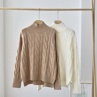 100% cashmere Mock neck twist loose white beige Women winter thicken sweater luxury female Pullovers  PRFS228