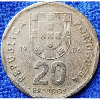 เหรียญ​โปรตุเกส​ Portugal, 20 Escudos, (รุ่น​เก่า), ใช้แล้ว, #​3119L