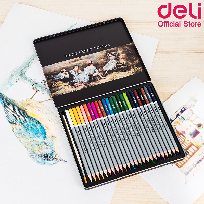 ดินสอสีไม้ระบายน้ำ Deli ชุดสีไม้ 24 สี แถมแปรงสีน้ำ ระบาย ศิลปะ วาดภาพ รุ่นกล่องเหล็ก อุปกรณ์การเรียน เครื่องเขียน