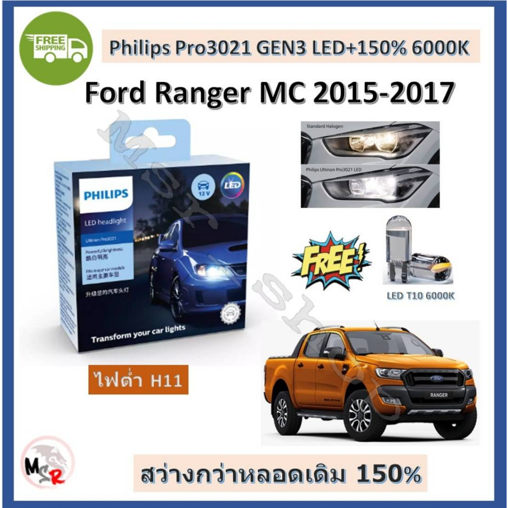 Philips หลอดไฟหน้ารถยนต์ Ultinon Pro3021 Gen3 LED+150% 6000K (12/24V) ไฟต่ำ Ford Ranger MC 2015-2017