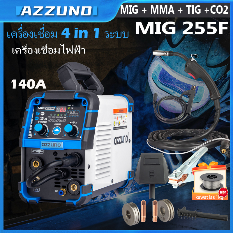 AZZUNO เครื่องเชื่อม co2 ต่อแก๊ส 4 ระบบ 4-in-1ตู้เชื่อม MIG TIG/ARC ตู้เชื่อมอินเวอร์เตอร์ 140A มีหน้าจอแส + ลวดฟลักซ์คอ