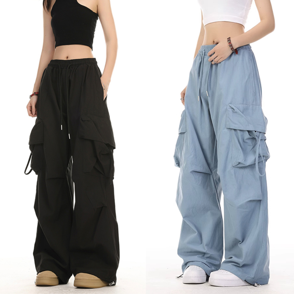 cherryshop🍥กางเกงเอวสูง ผญ🔥เอวยางยืดสีดำปรับระดับได้กางเกง สตรีทเวอร์ชั่นเกาหลี สไตล์ y2k