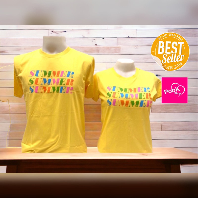 เสื้อคู่  คอกลม  สีเหลืองสดใส   Summerสดใส By เป่ายิ้งฉุบแท้100% ราคา ถูกที่สุด ดีลบีเคเค