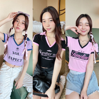 Teera❤️พร้อมส่ง✨Polo Crop⛳️เสื้อครอปลายสปอร์ต ตัดขอบแถบสี ทรงสวย สไตล์เสื้อเวียดนาม💓honey