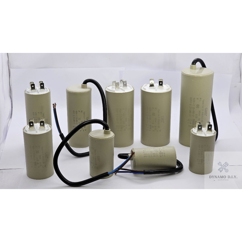 คอนเด็นเซอร์ คาปาซิเตอร์ Motor Run Capacitor ขนาด 8 - 60 MFD 450V แบบสาย/หัวเสียบ ตัวกลม เกรดอย่างดี