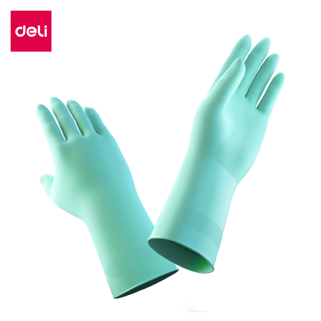 Deli ถุงมือยาง ถุงมือล้างจาน สำหรับงานบ้าน กันมือเลอะ ซับในกำมะหยี่ ออกแบบกันลื่น จับของง่าย ยืดหยุ่น ทนทาน gloves