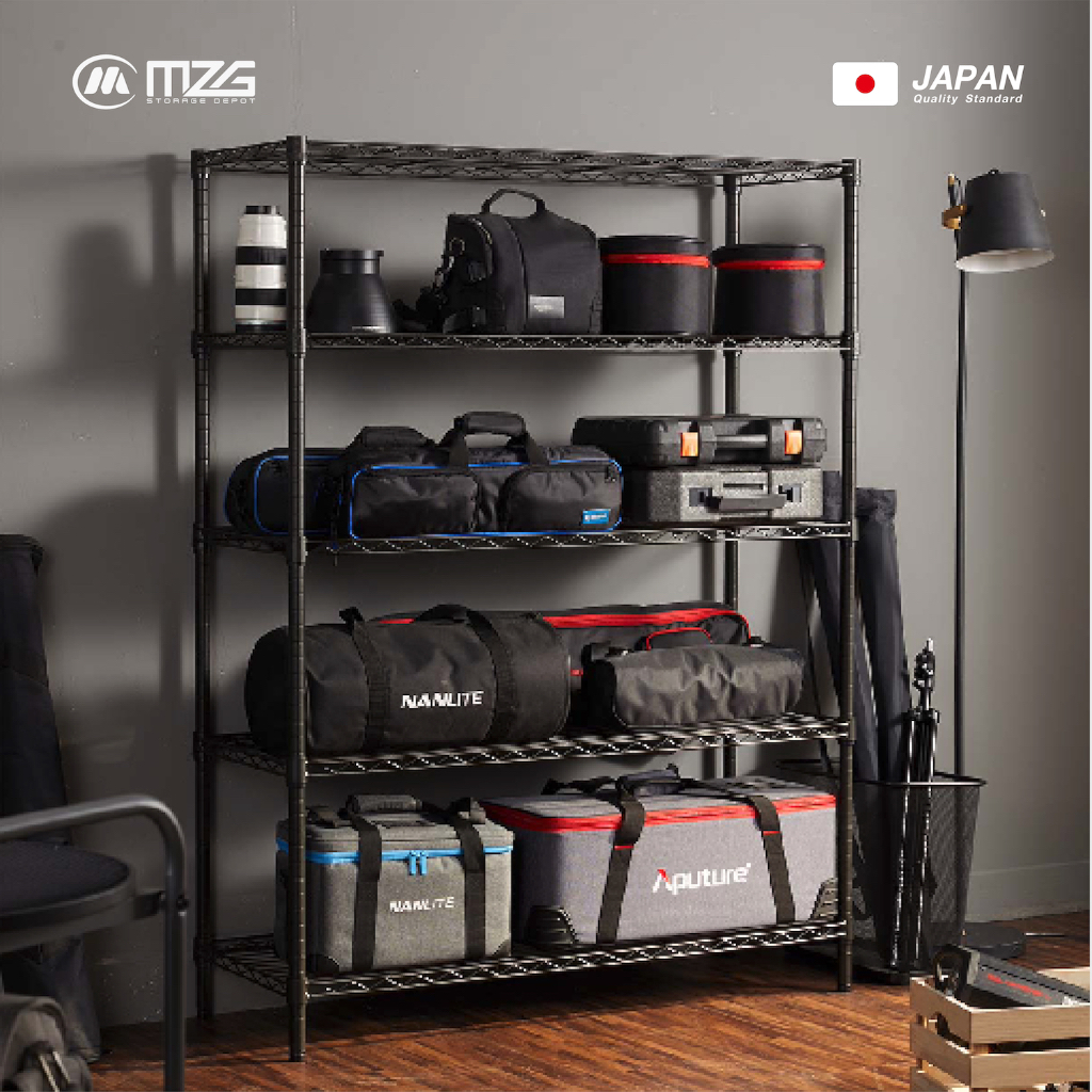 MZG-W014-15 ชั้นวางของปรับระดับได้ 5 ชั้นมีล้อ ปรับระดับได้ สีดำ ขนาด 80-110*40*180ซม.Heavy Duty Grade