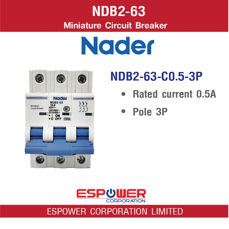 NDB2-63-C0.5-3P Nader Breaker Series High breaking capacity miniture circuit breaker  นาเดอร์ เบรคเก