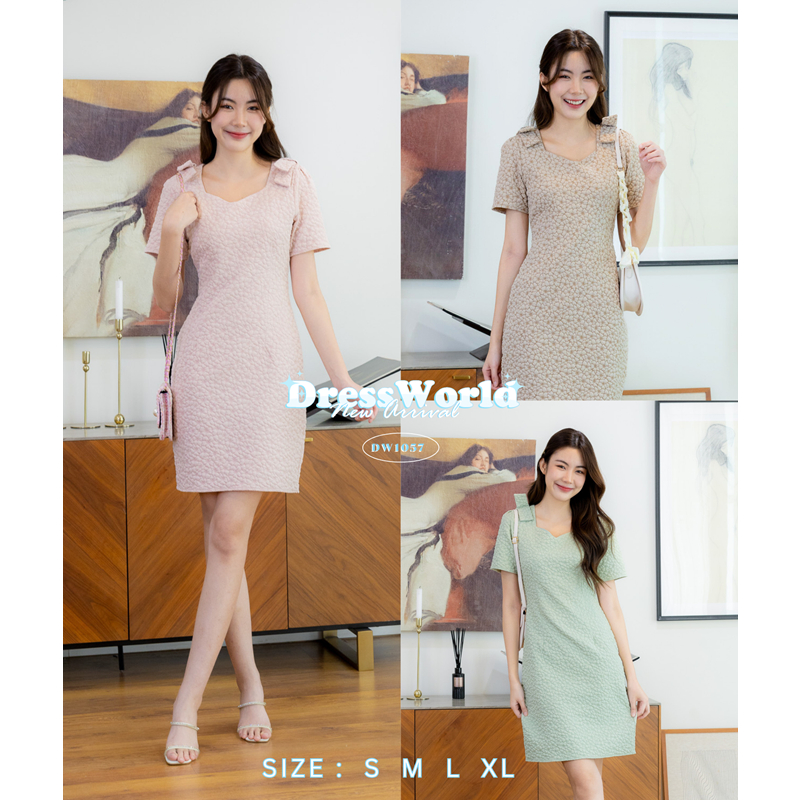 Fairyangelstore - เดรสผ้าทอนูนลายดอกแต่งโบว์ไหล่ (DW1057) #พร้อมส่ง #เดรสทำงาน #เดรสแฟชั่น #เดรสสวย เดรสสั้น