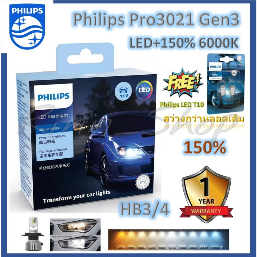 Philips หลอดไฟหน้ารถยนต์ Ultinon Pro3021 LED+150% 6000K HB3/4 ( 2 หลอด/กล่อง ) ฟรี Philips LED T10