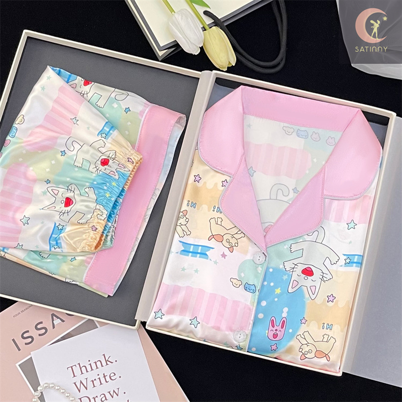 มาใหม่หวานเจี๊ยบ JJ13ชุดนอนSatinnyเนื้อผ้าSilk Satinสําหรับหอพักนักเรียนผู้หญิง สไตล์ญี่ปุ่น ชุดนอนรับซัมเมอร์ใส่ระบาย