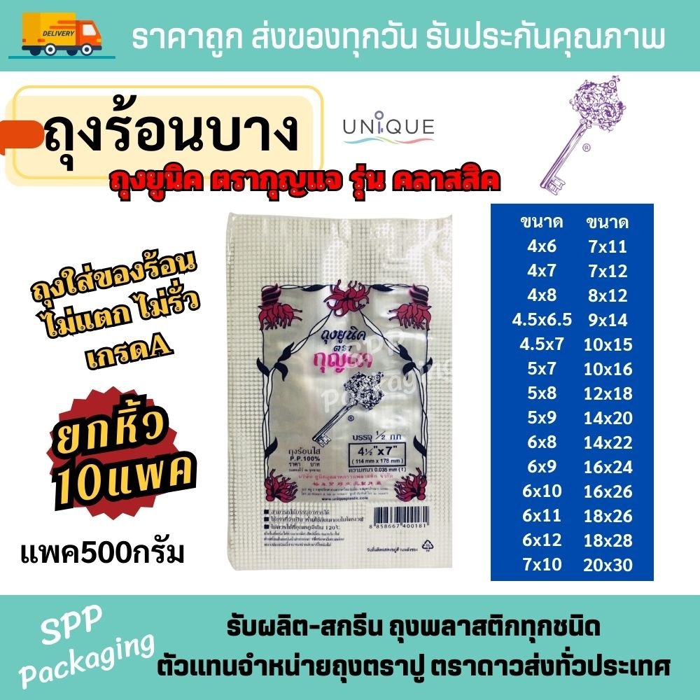 (ยกหิ้ว10แพค) ถุงร้อนใส ถุงใส่แกง PP เกรดA ตรากุญแจ รุ่นคลาสสิค แพค500กรัม ขนาด4นิ้ว-20นิ้ว