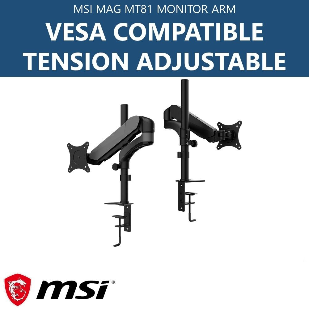 MSI MAG MT81 Monitor Arm VESA 75/100 Ergonomic Screen Holder up to 8 kg 1 Monitor Cable Management 360° Rotatable C-Clamp Ideal for 24 Inch to 32 inch (Max 8kg) LCD Monitors