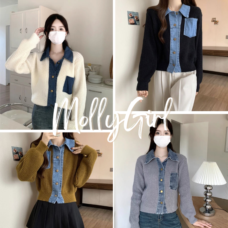 Mollygirl เสื้อแขนยาวไหมพรมคอลใหม่ รับหน้าหนาว กระดุมหน้า