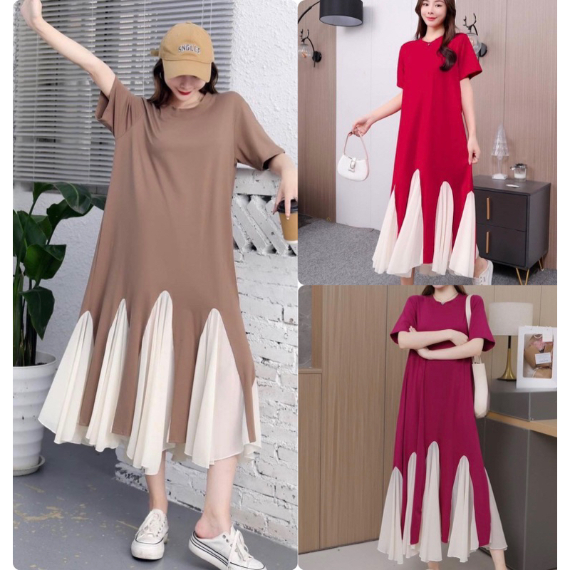 sirin studioเดรสผ้ายืดแต่งชายสลับขาวA11