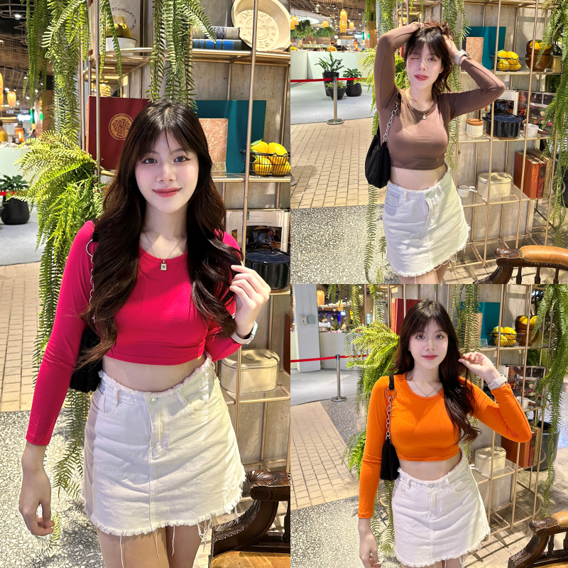 🌈SpinnyHouse🌈 เสื้อครอปแขนยาว ผ้าเรย่อน 🥞 ยืดเยอะมาก สาวอวบใส่ได้ รุ่น WAN B-046-2-AA