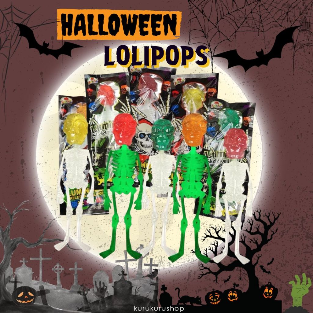 ใหม่!!อมยิ้ม รูปโครงกระดูก เรืองแสง Halloween lollipop 1 ชิ้น 12 กรัม ขนมฮาโลวีน ขนมเทศกาล อร่อย หวาน สนุก พร้อมส่ง