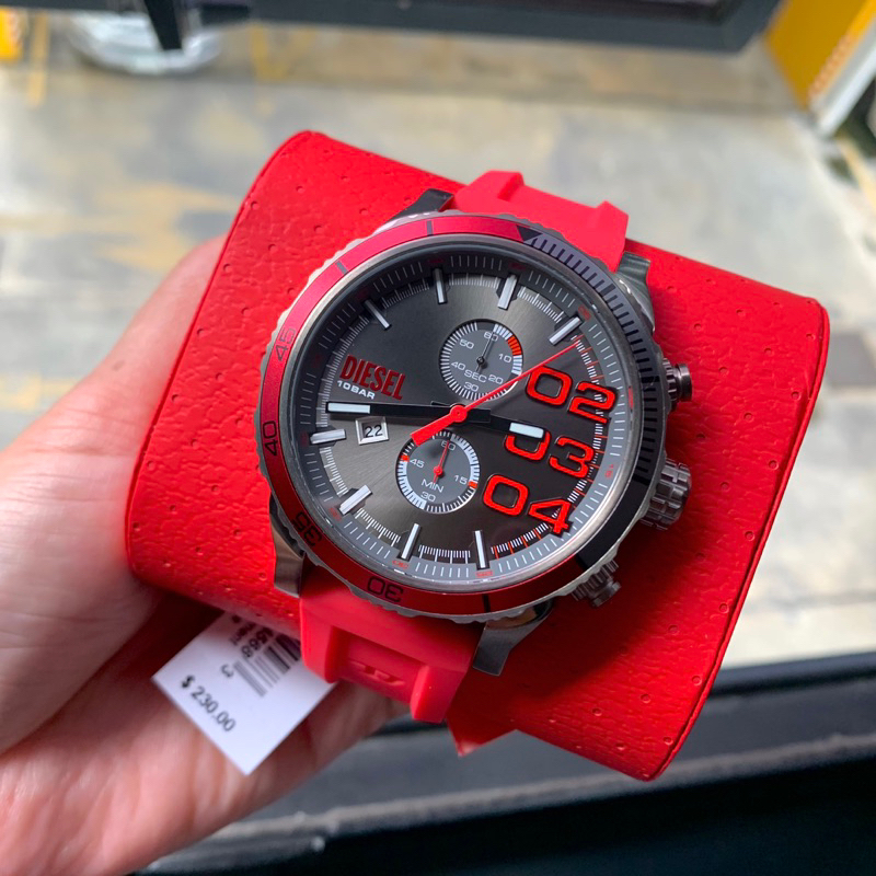 [[พร้อมส่ง📦แท้💯%]] Diesel DZ4613 Gray Chronograph Dial Red Silicone Double Down 2.0 Men's Watch