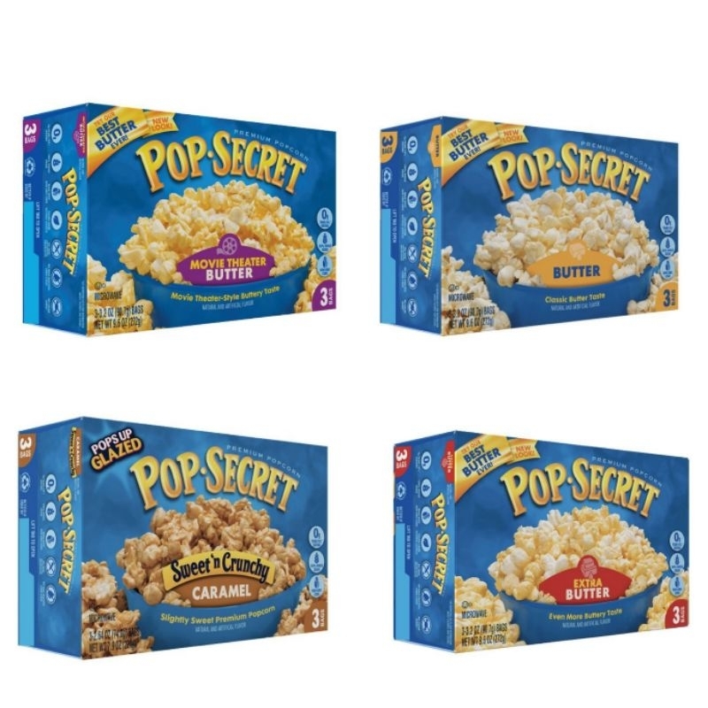 Popcorn   ป็อปคอร์นทำเอง Pop secret  ป๊อปซีเคร็ต เมล็ดข้าวโพดดิบ กล่อง 3ซอง ป๊อปคอร์นไมโครเวฟ 224 g
