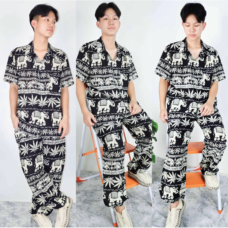 เสื้อฮาวาย+กางเกงเอวเชือก ขาจั้ม #ลายช้าง ได้ทั้งชุด🐘🐘