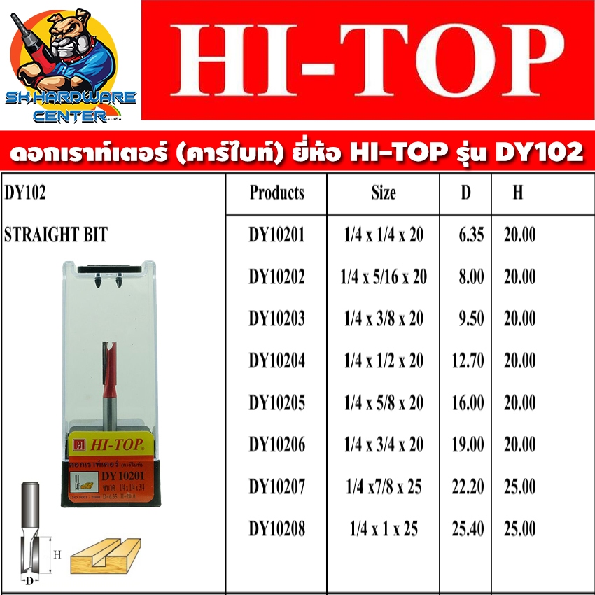 ดอกเราท์เตอร์ ใบมีดคาร์ไบด์หนา ขนาดแกนให้เลือก 1/4" (2หุล) มีขนาดให้เลือกตาราง ยี่ห้อ HI-TOP รุ่น DY-102