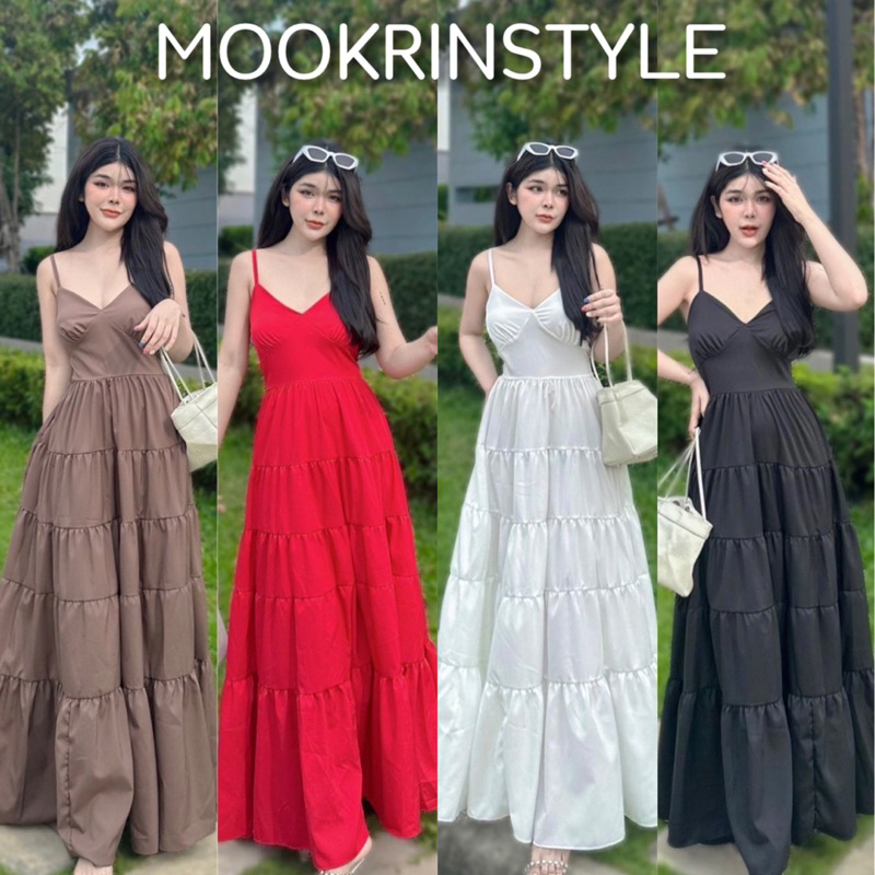 🍑Mookrinstyle🍑เดรสสายเดี่ยว ใส่ไปทะเล เดินชายหาด กระโปรงพริ้วสวย maxidress สีพื้น
