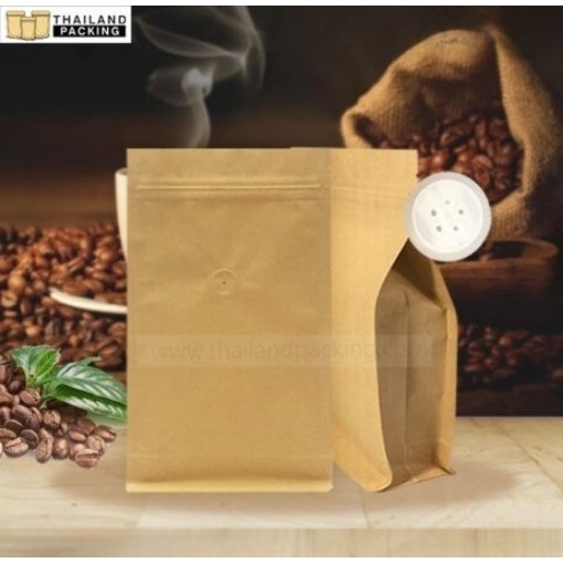 ถุงกาแฟ ถุงใส่กาแฟ ขยายข้าง มีซิปล็อค เนื้อกระดาษคราฟท์ สีน้ำตาล พร้อมวาล์ว ก้นตั้งได้ พร้อมส่ง[10 ใบ] - Thailandpacking