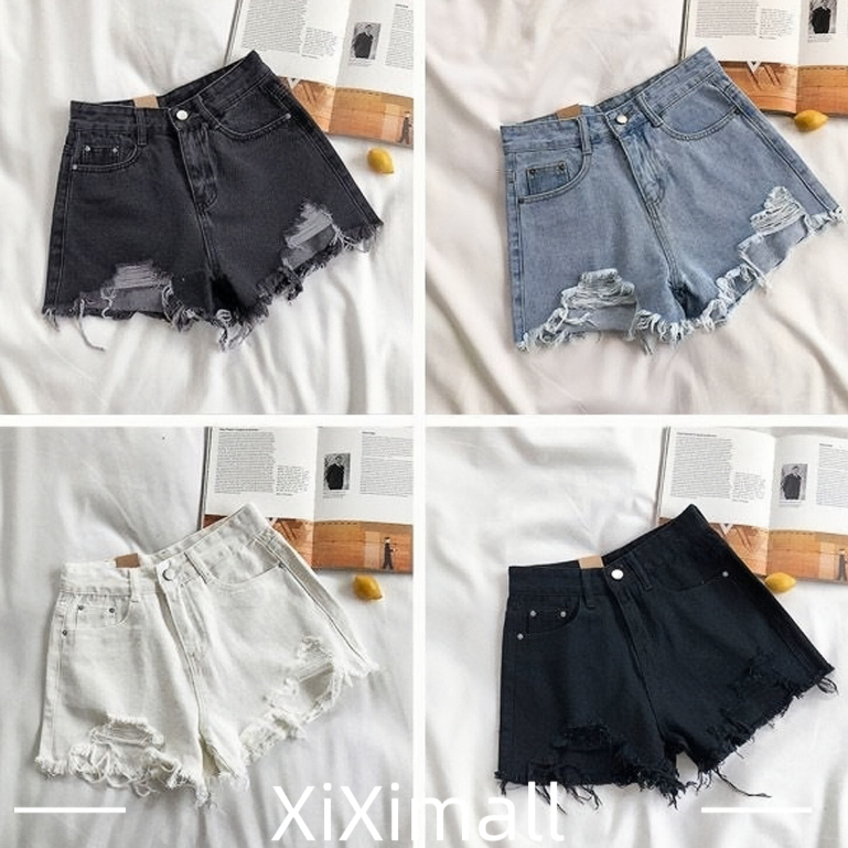 ✨KiKi shop✨กางเกงยีนขาสั้น เอวสูง สไตล์เกาหลี สำหรับผู้หญิง ไซซ์ S-XL😘#025