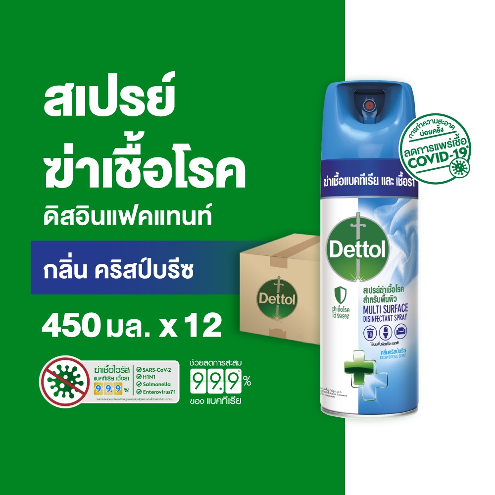 Dettol เดทตอล สเปรย์ฆ่าเชื้อเดทตอล สเปรย์ทำความสะอาด ดิสอินเฟคแทนท์ สูตรคริสป์บรีซ 450มล.X12