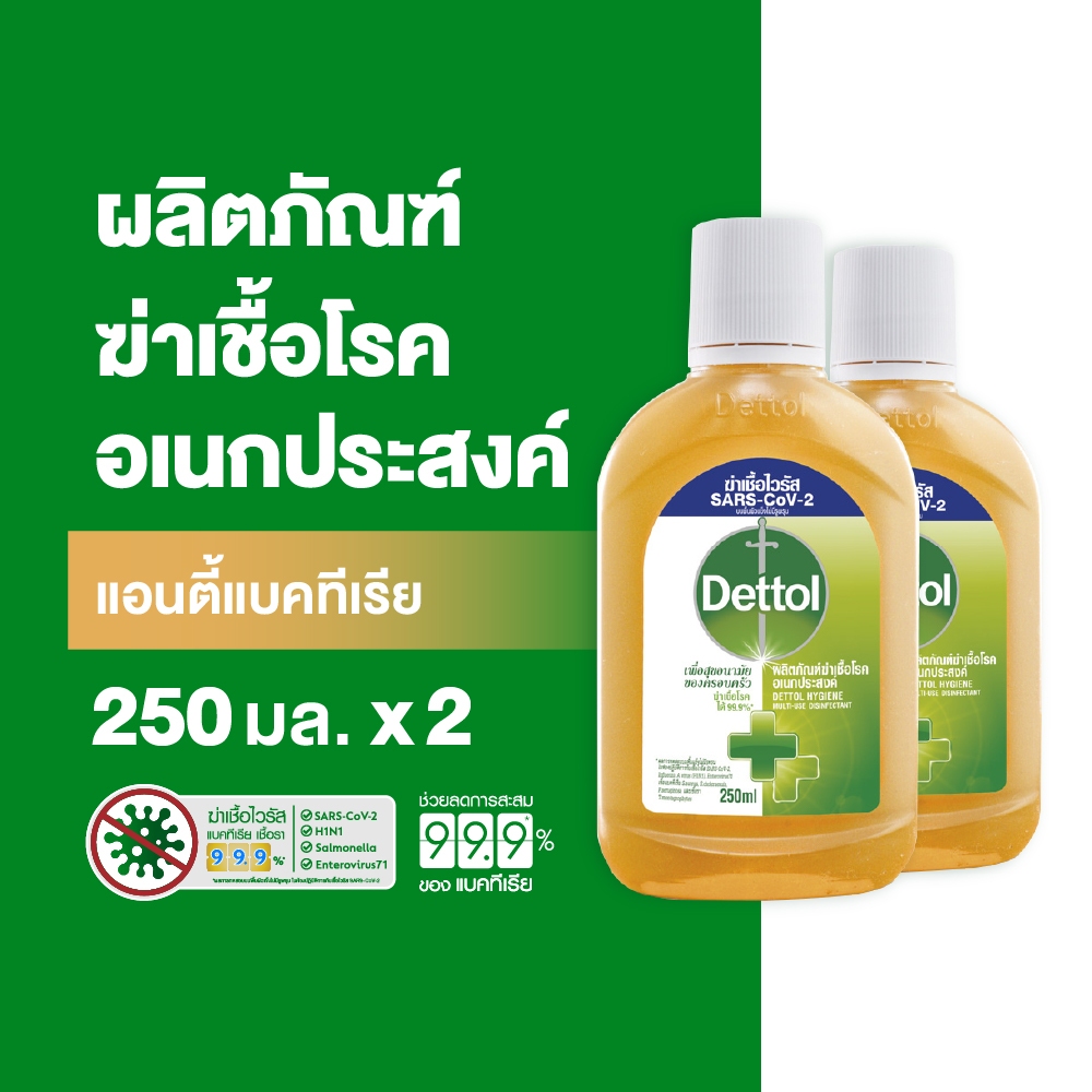 Dettol เดทตอล น้ำยาฆ่าเชื้อเดทตอล น้ำยาฆ่าเชื้อโรค ไฮยีนมัลติ-ยูส น้ำยาถูพื้น250มล.X2 (แพ็กเกจอยู่ระหว่างการเปลี่ยนแปลง)