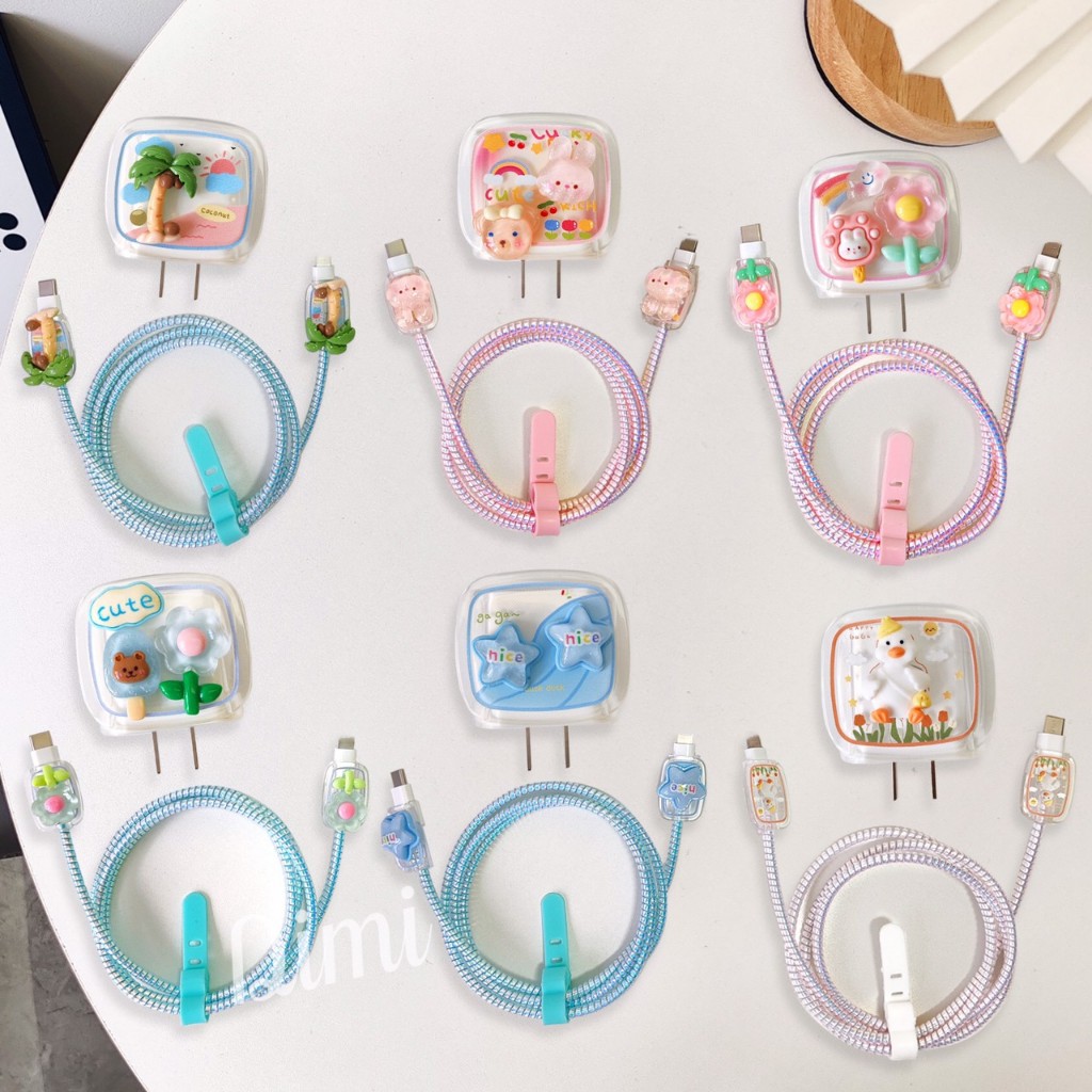 พร้อมส่ง ชุดถนอมสายชาร์จ ชุดเเต่งสาย เคสหัวชาร์จลายการ์ตูนนูน สำหรับ ไอโฟน 20w 18w