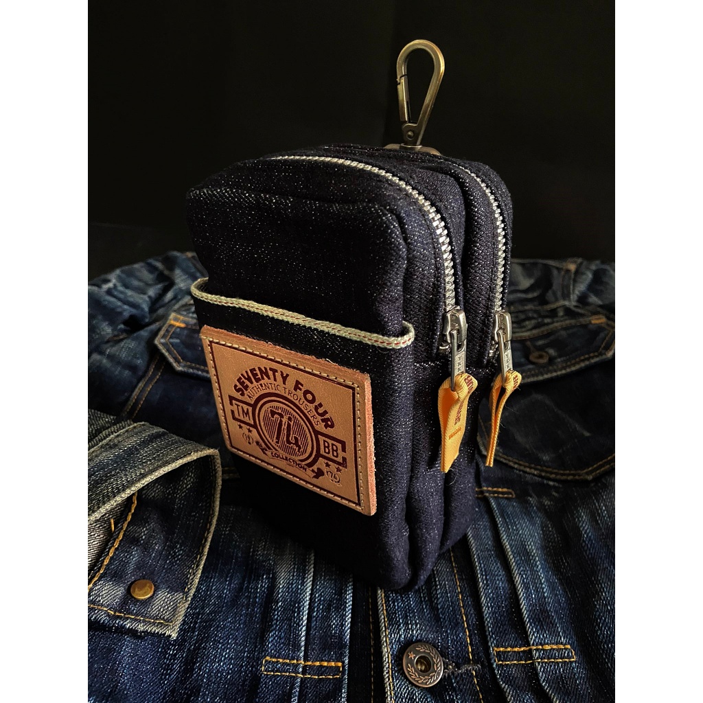 74DEnim Purpose Bag กระเป๋าใส่โทรศัพท์ /ผ้า21ออนซ์ /แบบซิป2ช่อง/ มีตะขอเกี่ยวและที่สอดเข็มขัด.