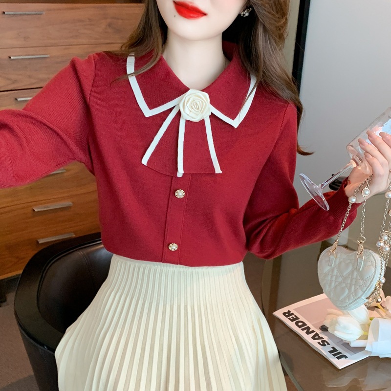 พร้อมส่ง เสื้อเเคนดิเเกนเเขนยาว มีปกเเต่งดอกไม้เเบบสาวเกาหลีส่วมใส่ได้ทุกฤดู