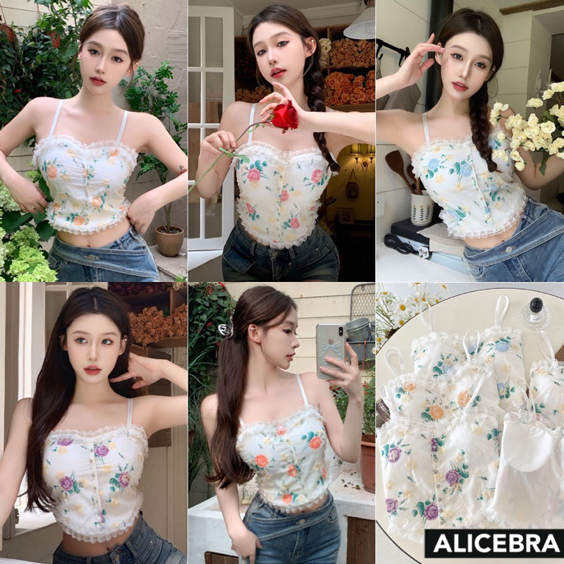 𝗔𝗟𝗜𝗖𝗘𝗕𝗥𝗔 สายเดี่ยวลูกไม้ ลายกุหลาบ หลังสม๊อก มี5สี